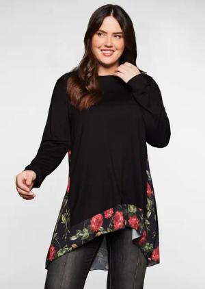 Sheego Longshirt mit floral bedruckten Einsätzen, schwarz, Gr.52/54