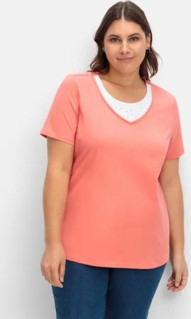 Sheego Kurzarmshirt in Layeroptik mit Ziernieten, koralle, Gr.46