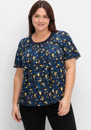 Sheego A-Linien-Shirt mit Kellerfalten und Blumendruck, tiefblau gemustert, Gr.48/50