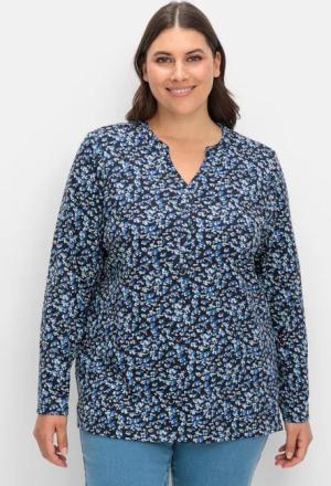 Sheego Langarmshirt mit V-Schlitz und floralem Minimalprint, tiefblau gemustert, Gr.52/54