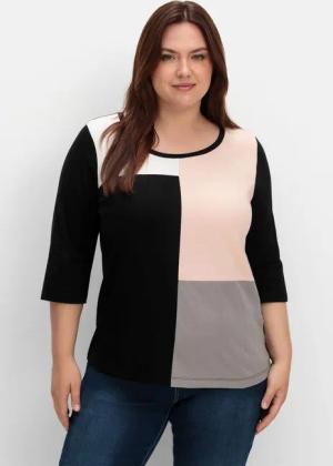 Sheego Shirt mit 3/4-Ärmeln und Grafikprint vorn, schwarz gemustert, Gr.40