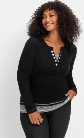 Sheego Langarmshirt in Layeroptik mit Ringeldetails, schwarz, Gr.50