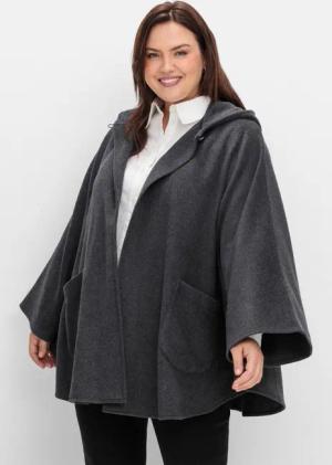 Sheego Cape mit Kapuze und 1-Knopf-Verschluss, anthrazit meliert, Gr.3
