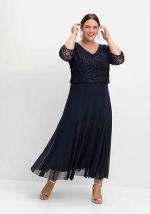 Abendkleid aus Mesh, mit Zierborten, tiefblau, Gr.42