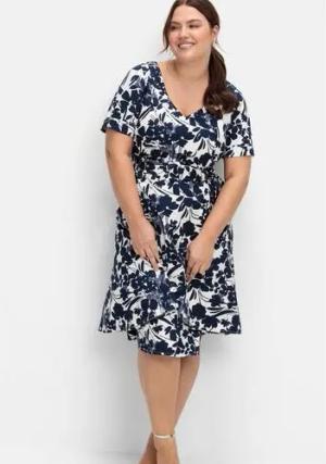 Cocktailkleid mit Blumenprint und Stoffgürtel, marine gemustert, Gr.42