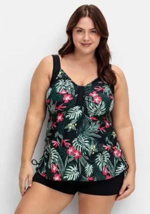 Tankini-Top mit Tropical Print und Raffung, schwarz gemustert, Gr.48F