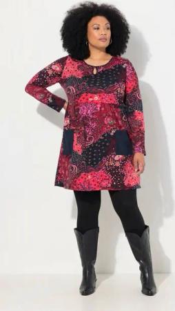 Ulla Popken Longshirt Longshirt Paisley A-Linie Rundhals Langarm Taschen