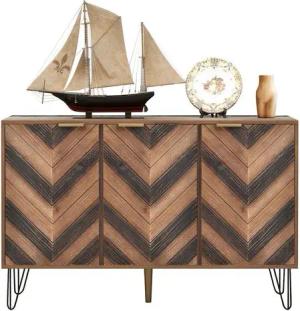 Ulife Sideboard Kommode mit 3 Türen und goldenen Metallgriffe, mit Fischgrätenmuster Dekor und Eisenfüße