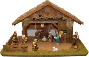 Alfred Kolbe Krippe "Krippenstall mit Trafo", (Set), mit Laterne, Lagerfeuer, 10,5 cm Figuren 11tlg.