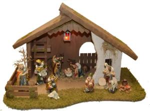 Alfred Kolbe Krippe "Krippenstall mit Trafo", (Set), mit Laterne, Busch, Lagerfeuer, Holz, 11 cm Figuren 11tlg