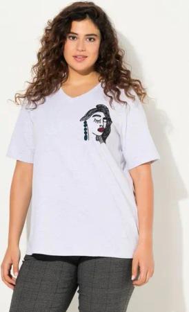 Ulla Popken T-Shirt T-Shirt Stickerei Classic V-Ausschnitt Halbarm