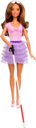 Barbie Anziehpuppe Fashionistas Puppe Nr. 228 Blinde Barbie-Puppe, mit pastellfarbenem Outfit, Blindenstock und Sonnenbrille