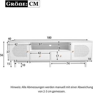 BlingBin Wohnzimmer-Unterschrank TV-Ständer, (bis 80,00 Zoll, 180*40*56 cm, weißem Rattan, 2 Schubladen,2 Geräuscharme Türen, Passend für 80-Zoll-Fernseher)