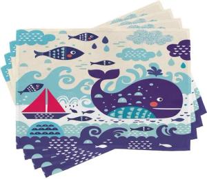 Abakuhaus Platzset Waschbare Stoff Esszimmer Küche Tischdekorations Digitaldruck, (4-teilig, 4-St., Set aus 4x), Walfisch Cartoon-Wal eines Fisch