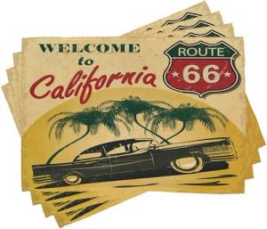 Abakuhaus Platzset Waschbare Stoff Esszimmer Küche Tischdekorations Digitaldruck, (4-teilig, 4-St., Set aus 4x), Retro California Werbung