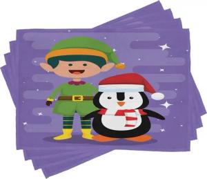 Abakuhaus Platzset Waschbare Stoff Esszimmer Küche Tischdekorations Digitaldruck, (4-teilig, 4-St., Set aus 4x), Elf Elf und Penguin Frohe Weihnachten
