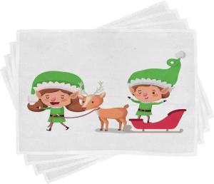 Abakuhaus Platzset Waschbare Stoff Esszimmer Küche Tischdekorations Digitaldruck, (4-teilig, 4-St., Set aus 4x), Elf Elfen und Rentiere auf Sleigh