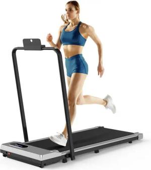 BIGZZIA Laufband Klappbare Laufbänder 2 in 1 - Elektrisches Laufband bis 120KG (Mit Fernbedienung und Bedienfeld), 1-8 km/h - Bürstenloser Motor 2.5PS - Mit Armlehne und LED-Anzeige