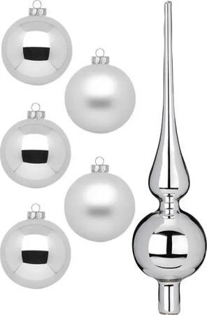 MAGIC by Inge Weihnachtsbaumkugel "Frosty Silver, Weihnachtsdeko, Christbaumschmuck", (Set, 46 St.), Christbaumkugeln aus Glas, 45 Kugeln Ø ca. 4-6 cm, inkl. Spitze 28 cm