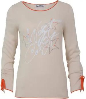 Passioni Strickpullover Sommerpullover in Beige, mit Schriftzug Print und Glitzersternchen