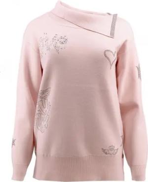 Passioni Strickpullover in Hellrosa mit Schalkragen, lockerer Passform mit Strassdetails