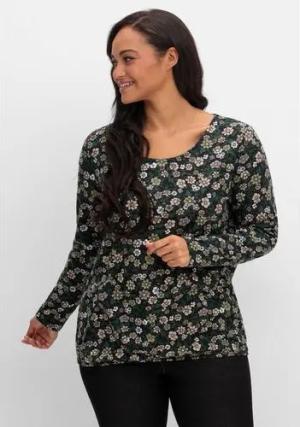 Langarmshirt mit Blümchenprint und Gummizugsaum, tiefgrün gemustert, Gr.40