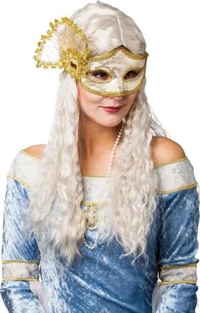 Karneval-Klamotten Kostüm Augenmaske Damen mit Spitze weiß-gold, Venezianische Larve Maske Damenmaske Venedig Luxus Rokoko Burgfräulein