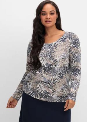 Sheego Langarmshirt mit Blätterprint und Faltendetail vorn, marine gemustert, Gr.46