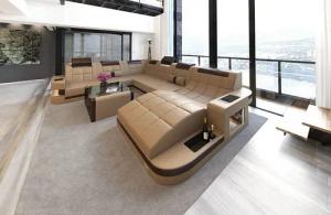 Sofa Dreams Wohnlandschaft Leder Sofa Ledercouch Wave XXL Ledersofa, Couch, mit ergonomischen Ottomane und LED Beleuchtung