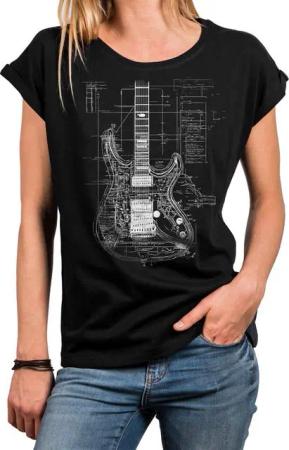 MAKAYA Print-Shirt Damen Gitarrenmotiv Gitarre Festival Outfit Rock Kurzarm Top (Schwarz, Blau, Grau, Grün, 34, 36, 38, 40, 42, 44, 46, 48, 50) große Größen
