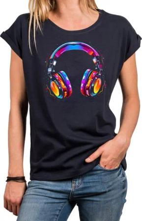 MAKAYA Print-Shirt Damen Top für Musik Fans Kopfhörer Design Hip Hop Outfit Mädchen (Schwarz, Blau, Grau, Grün, Weiß, 34, 36, 38, 40, 42, 44, 46, 48, 50) aus Baumwolle