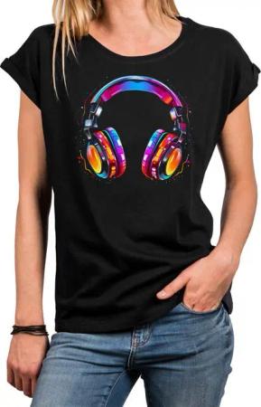 MAKAYA Print-Shirt Damen Top für Musik Fans Kopfhörer Design Hip Hop Outfit Mädchen (Schwarz, Blau, Grau, Grün, Weiß, 34, 36, 38, 40, 42, 44, 46, 48, 50) aus Baumwolle