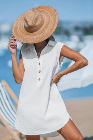 Weißes ärmelloses Mini-Leinenkleid mit Kragen
