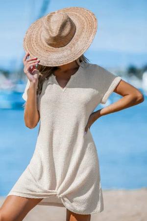 Beige Waffelstrick Kurzarm Saum Twist Cover-Up-Minikleid