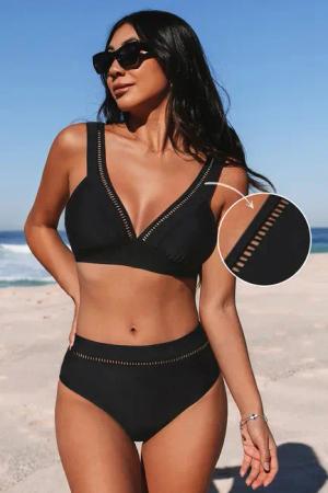 Schwarzes Bikini-Oberteil & Standard-Bikinihose mit Leiterbesatz