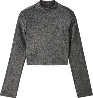 TOM TAILOR Mädchen Cropped Langarmshirt mit Glitzer, schwarz, Uni, Gr. 152