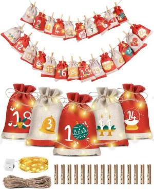 LuxusKollektion befüllbarer Adventskalender Adventskalender Stoff Kinder Befüllen Set 24 Tüten + Lichterkette 2m
