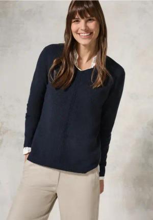Cecil Damen Kuscheliger V-Neck Pullover in Blau, Gr: XS