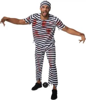 dressforfun Kostüm Herrenkostüm Gruseliger Zombie Sträfling, Gestreiftes Outfit in Gefängnis-Optik