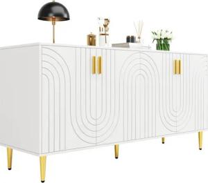 HAUSS SPOLE Sideboard mit einzigartigem Wellendesign und goldenen Griffen und Füßen, Weiß (Anrichte, Kommode mit viel Stauraum und Metallgriffe, 1 St., mit 4 Türen), mit einzigartigem Wellendesign, goldenen Griffen und Füßen