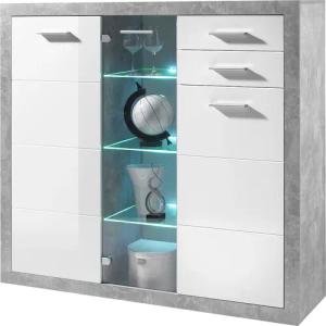 HBZ Highboard "Stone weiß Hochglanz, Wohnzimmerschrank BxHxT 137x134x37 cm", (1 St.), Mit 2 Türen, 1 Glastür, 5 Einlegeböden und 3 Glasböden