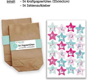 PAPIERDRACHEN befüllbarer Adventskalender EINHORN mit 24 Kraftpapiertüten und Aufklebern in Sternenform