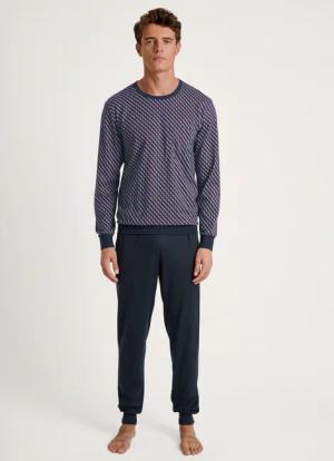CALIDA Relax Imprint Bündchen-Pyjamafür Herren, LL, Blau, Reine Baumwolle für entspannte Nächte