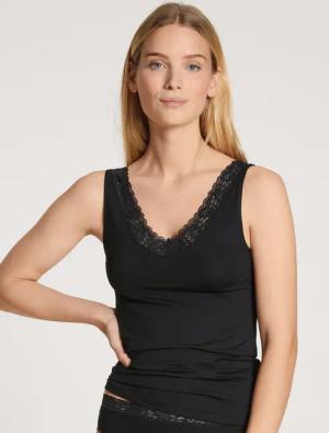 CALIDA Natural Comfort Lace Tank-Topfür Damen, XS, Schwarz, Beste Baumwolle, zarte Spitze, kompromissloser Komfort