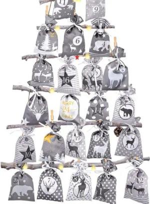 LuxusKollektion DIY-Adventskalender Adventskalender zum Befüllen Groß 2024 Stoffbeutel Kette basteln Grau