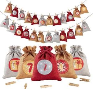 LuxusKollektion befüllbarer Adventskalender Adventskalender zum Befüllen Jutesäckchen 24-teilig Kinder Rot-Grau
