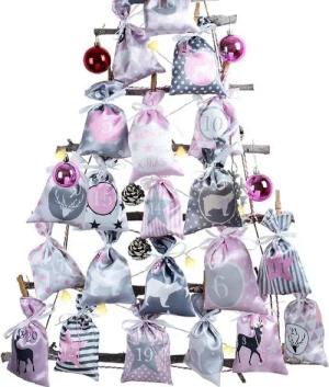 LuxusKollektion befüllbarer Adventskalender Adventskalender zum Befüllen XXL Stoffsäckchen Set 2024 Rosa Grau