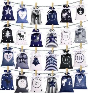 LuxusKollektion befüllbarer Adventskalender Adventskalender zum Befüllen 24 Stoffbeutel Blau Grau