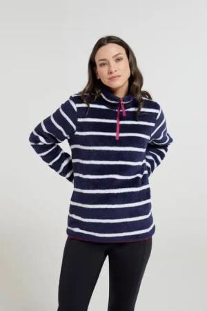 Nessy Gestreifter Damen Fleecepullover mit Reißverschluss - Marineblau