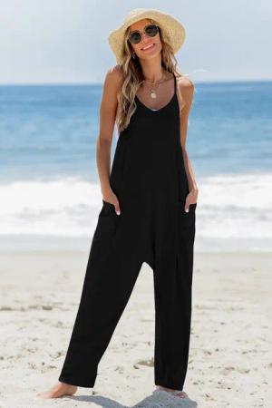 Schwarzer ärmelloser Jumpsuit mit Rundhalsausschnitt